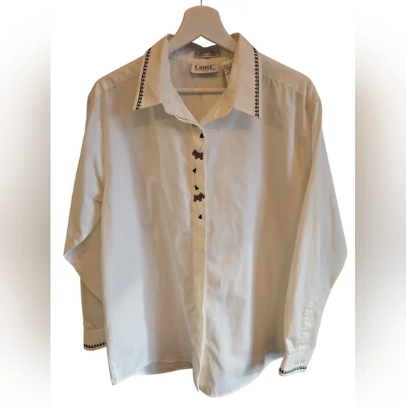 Vintage Embroidered Beige Cardigan Knit Sweater Vest with Dog Embroidered Blouse - Picture 7 of 9